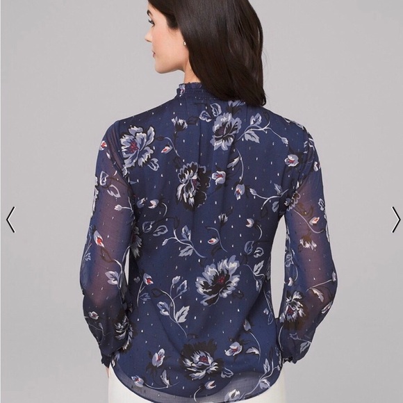 WHBM blue silver floral chiffon top M 10 - Picture 3 of 7